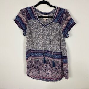 Knox Rose Tassel Short Sleeve Boho Sheer Blouse Top